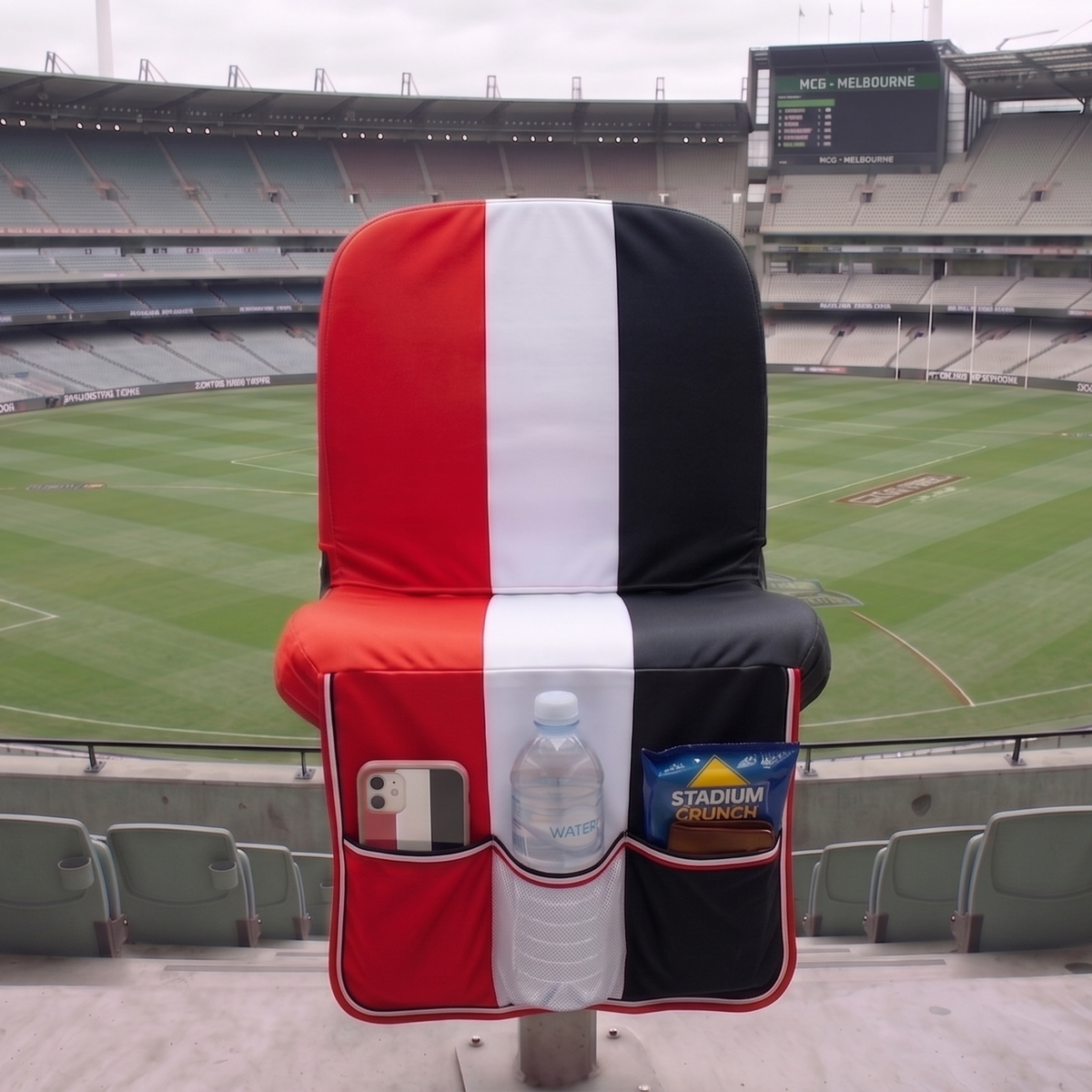 A stadium-style chair cover in red, white, and black stands in the front of a large outdoor sports stadium with empty seats and a green field visible in the background.